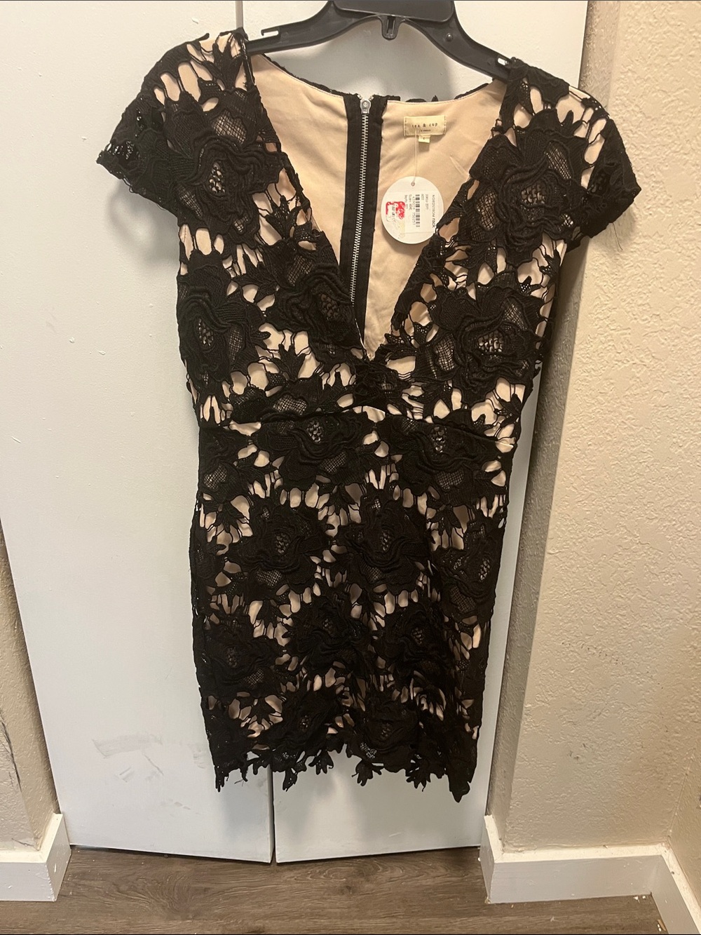 Tea n Cup Black Floral Lace Mini Dress with Nude Lining